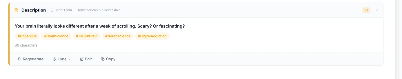 Vital Logic AI Content Generator: AI-drafted description with hashtags, character count, and regenerate controls