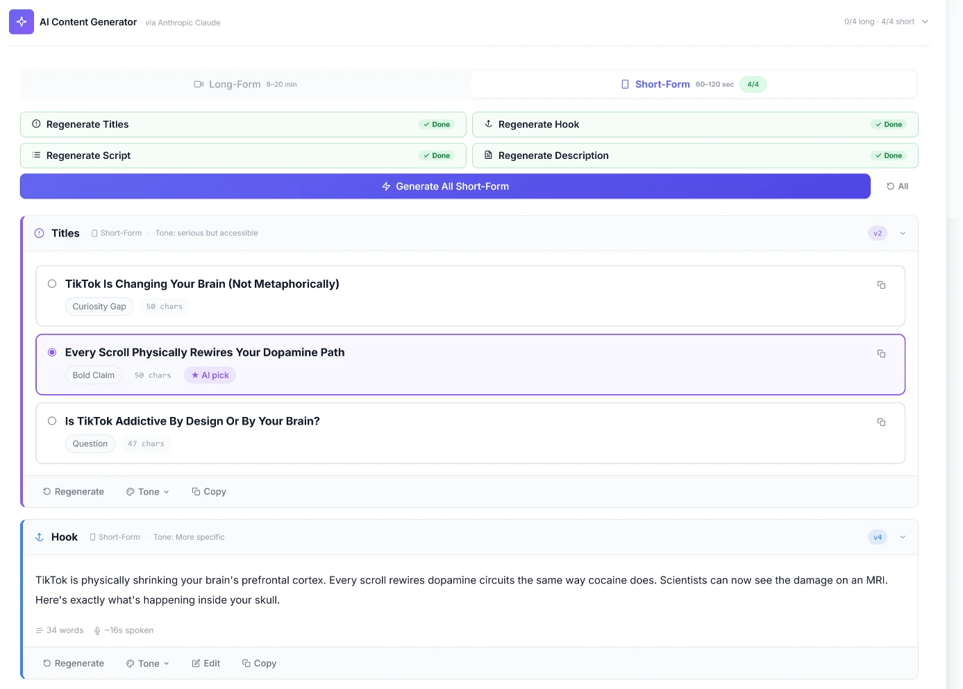 Vital Logic AI Content Generator: AI-drafted short-form titles with an AI-pick recommendation, a generated hook, and the regenerate and tone controls for each