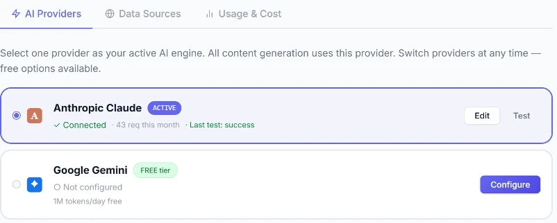 Vital Logic API Keys & Services, AI Providers tab: cards for supported AI-provider integrations