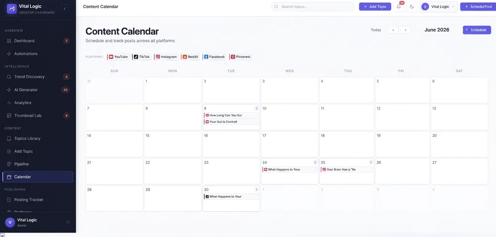 Vital Logic content calendar with scheduled posts across platforms